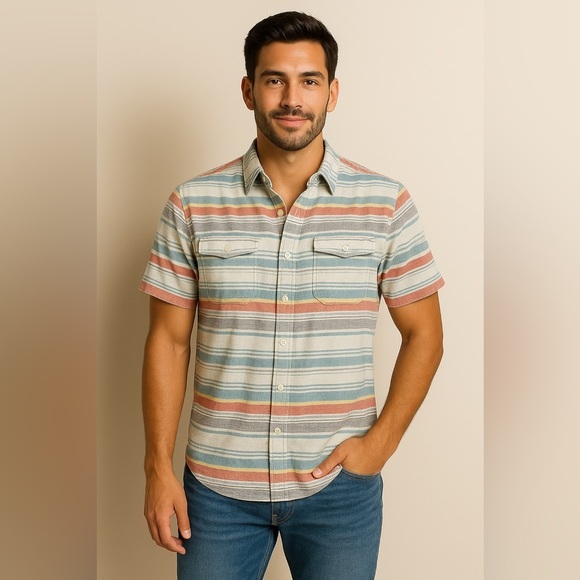 Lucky Brand Other - Lucky Brand Button Down Short Sleeve Stripe Shirt Cotton Camp Utility Size Small